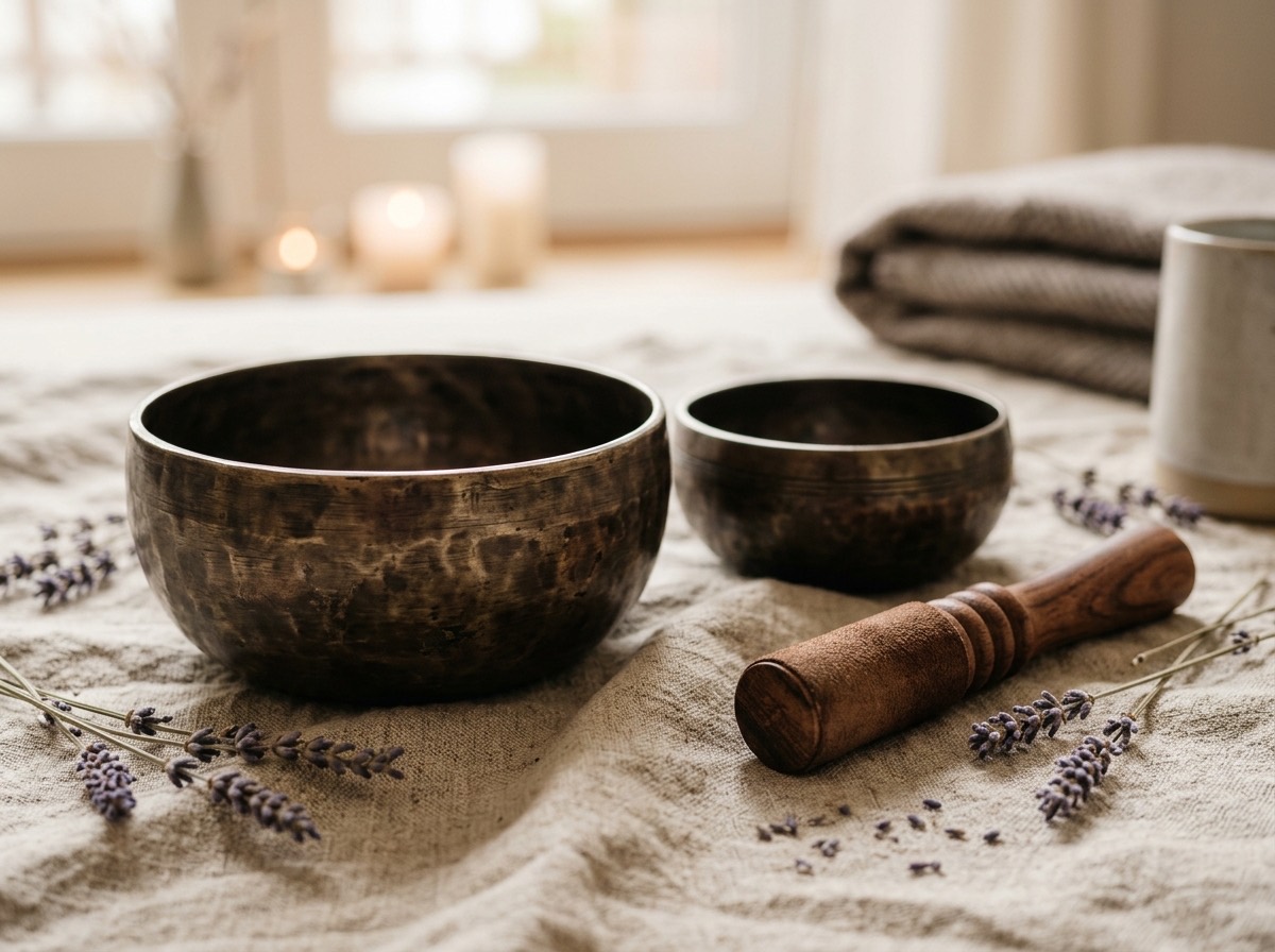 Cuencos de bronce martilleados sobre lino con lavanda silvestre